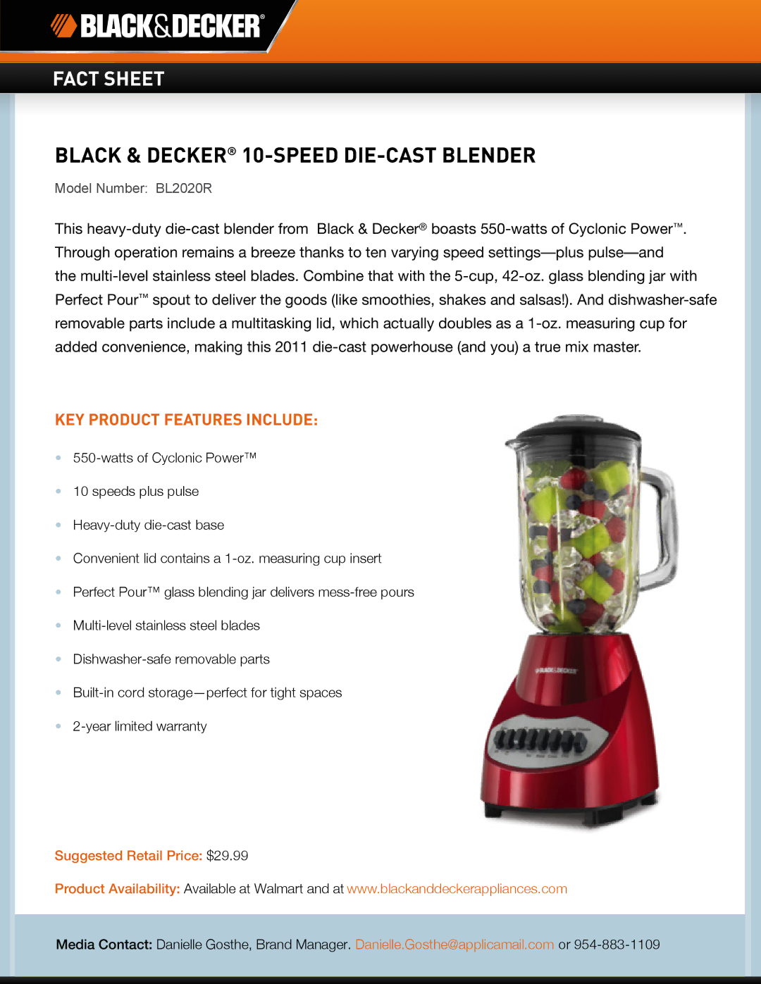 Black & Decker BL2020R warranty Black & Decker 10-SPEED DIE-CAST Blender, KEY Product Features Include 