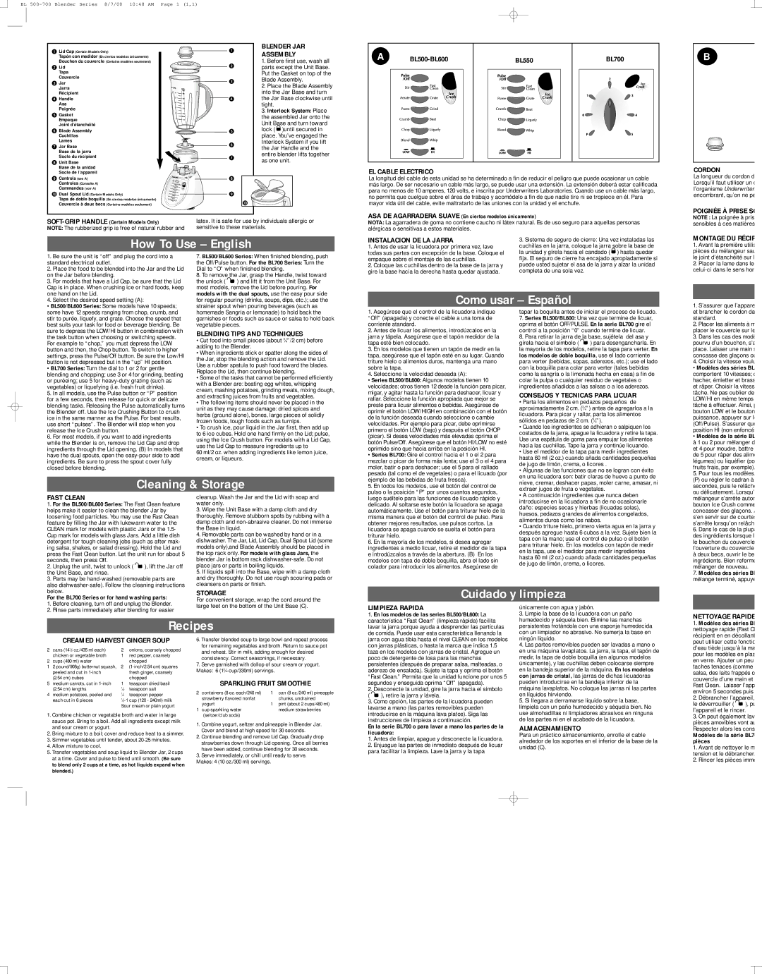 Black & Decker BL500 manual Blender JAR Assembly, EL Cable Electrico, Cordon, Instalacion DE LA Jarra, Fast Clean, Storage 