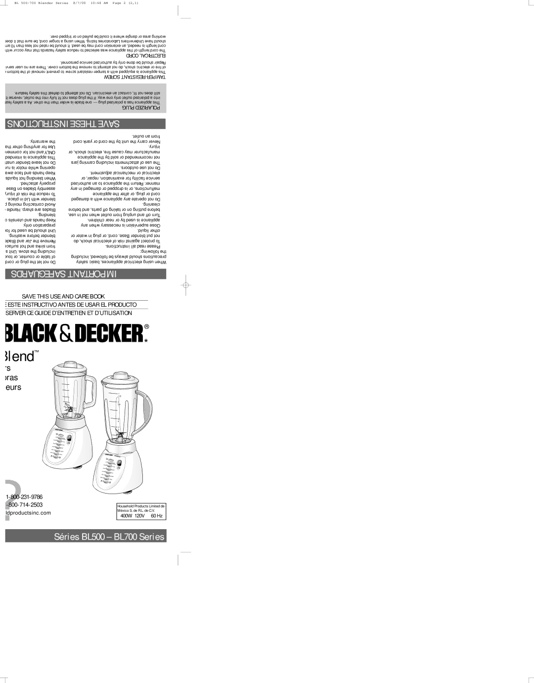 Black & Decker BL500 manual Screw RESISTANT-TAMPER, Following, Including followed, be always should precautions 