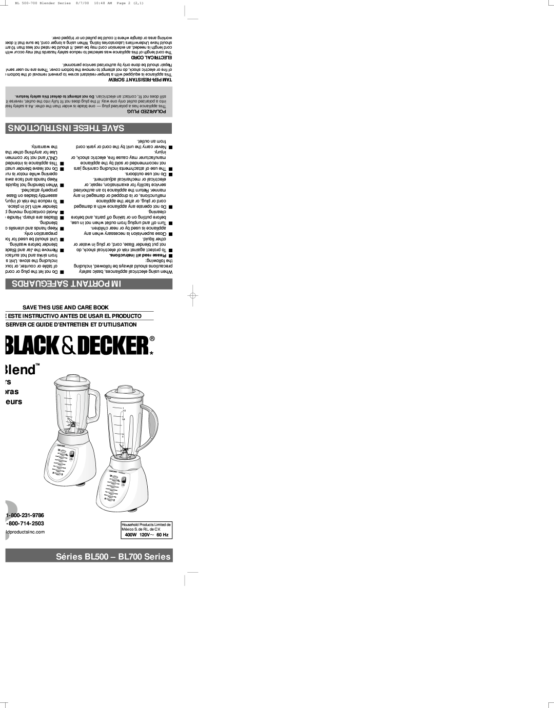 Black & Decker Instructions These Save, Safeguards Important, Séries BL500 - BL700 Series, Save This Use And Care Book 