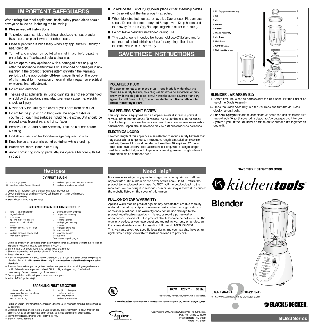 Black & Decker BL680 warranty Recipes 