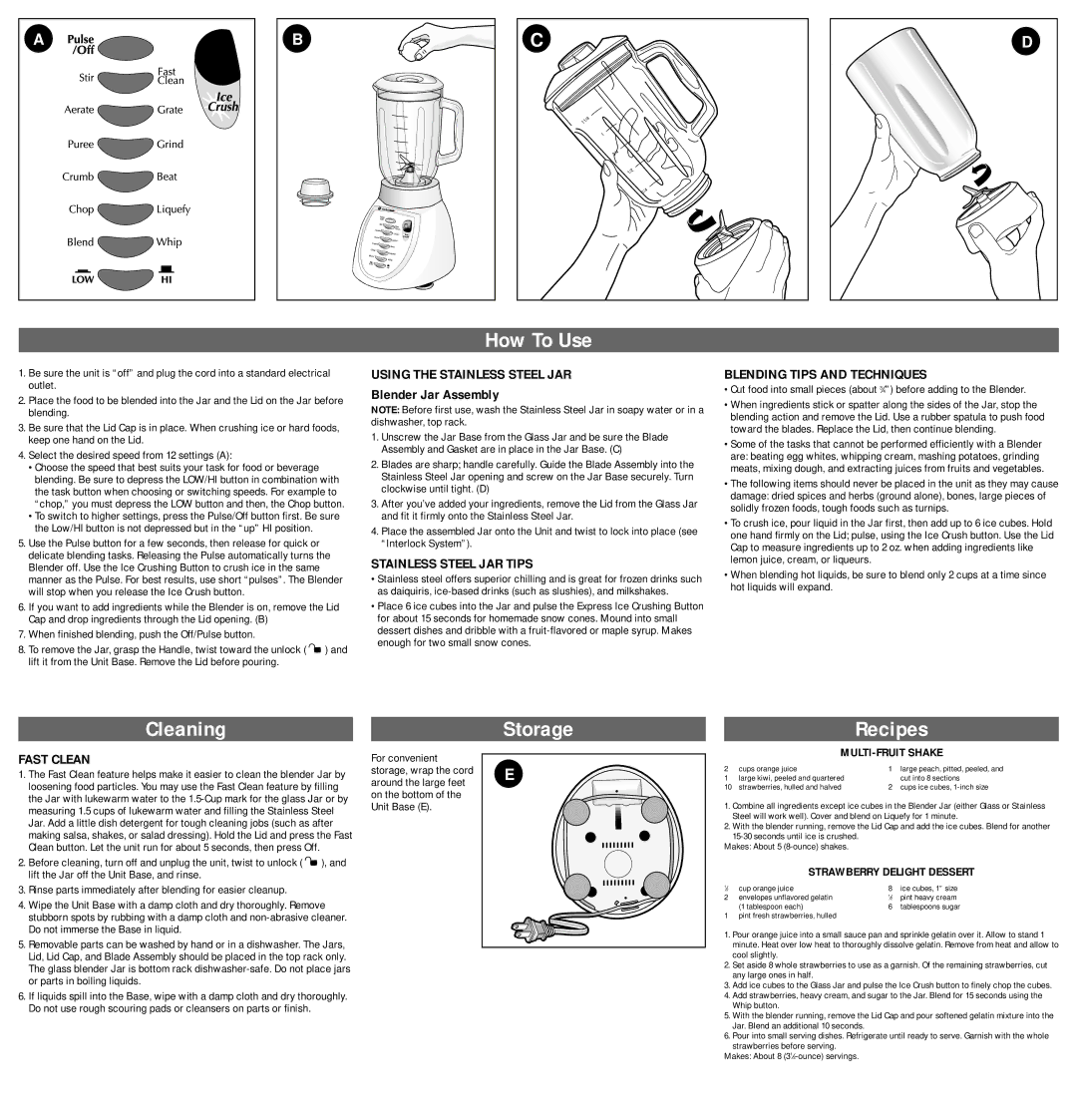 Black & Decker BL680 warranty How To Use, Cleaning, Storage Recipes 