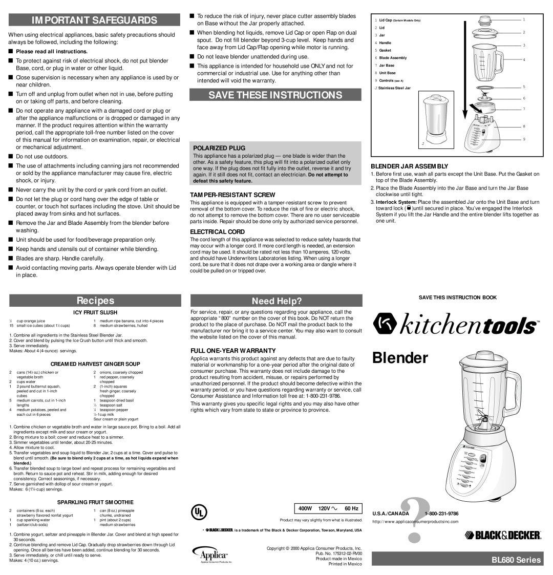 Black & Decker warranty Important Safeguards, Recipes, Save These Instructions, BL680 Series, Polarized Plug, 400W 