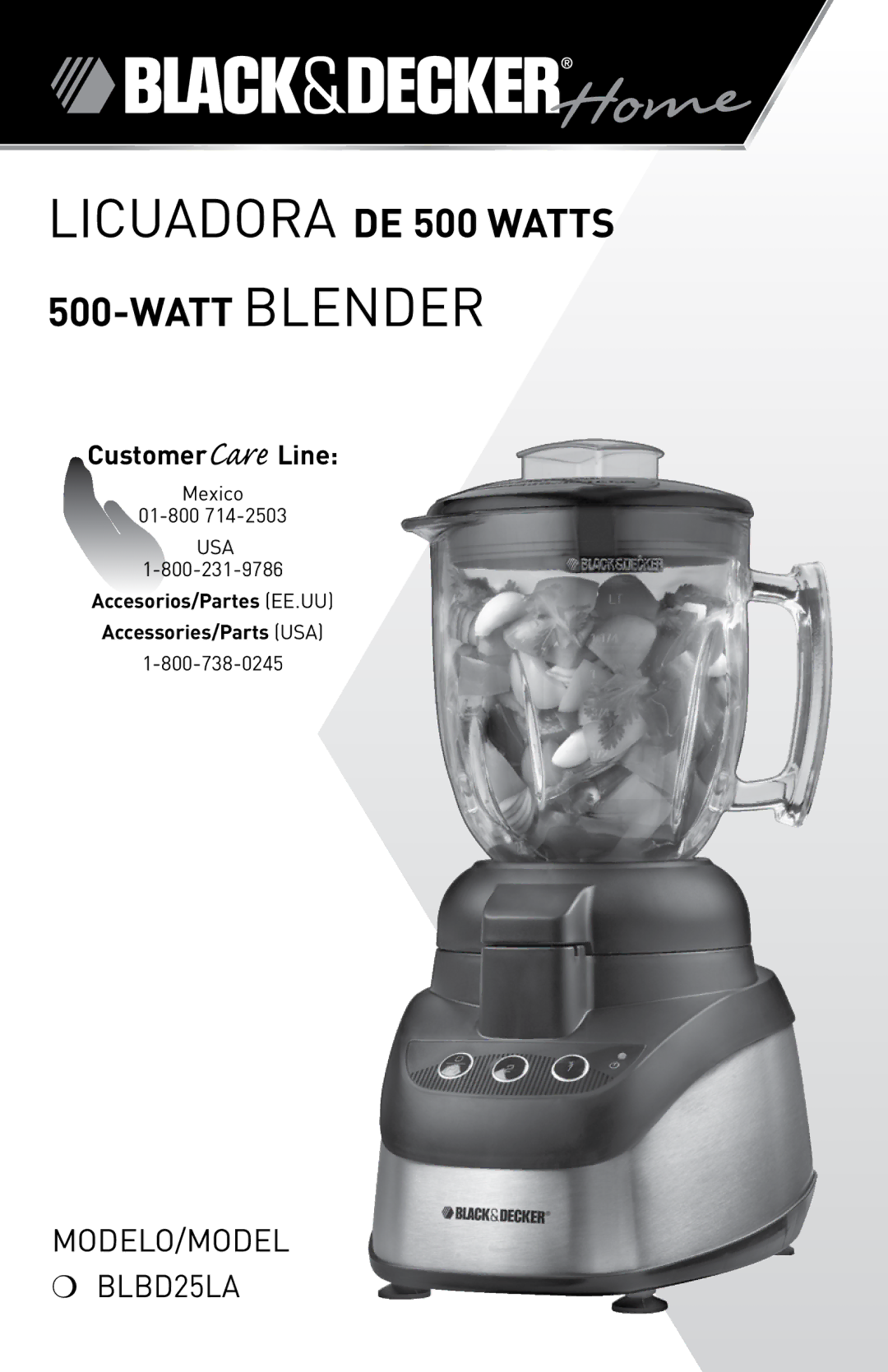 Black & Decker BLBD25LAUC manual Licuadora de 500 wattS 500-watt Blender 