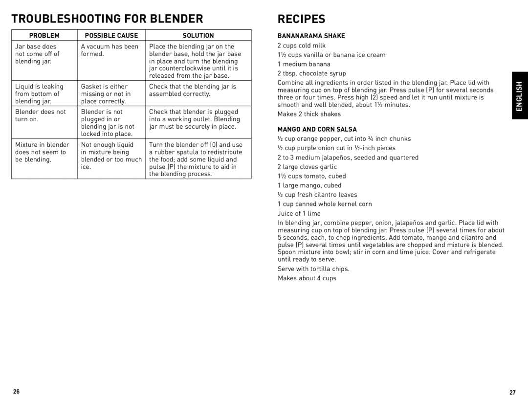 Black & Decker BLBD25LAUC Problem Possible Cause Solution, Food add some liquid, Bananarama Shake, Mango and Corn Salsa 