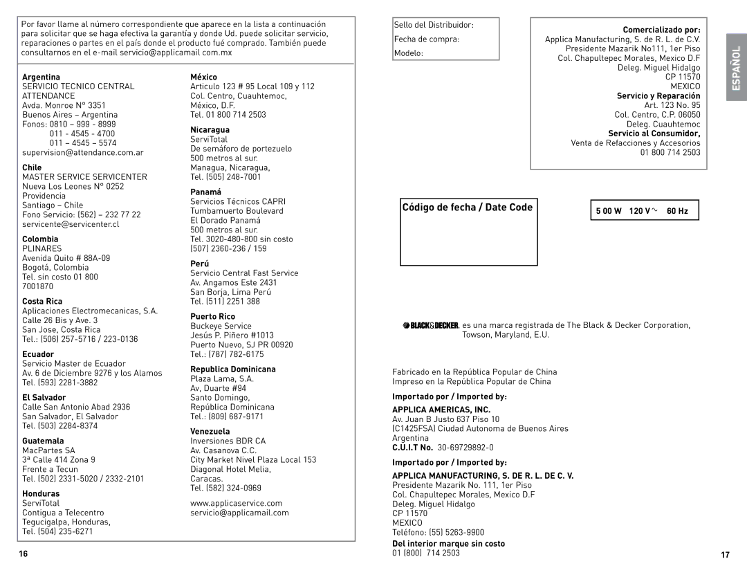 Black & Decker BLBD25LAUC manual Código de fecha / Date Code 