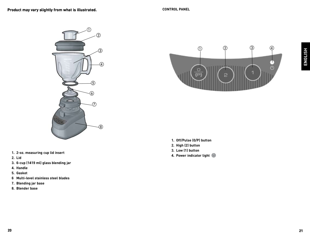 Black & Decker BLBD25LA        , English, 1.2-oz.measuring cup lid insert 2.Lid, Blending jar base 8. Blender base 