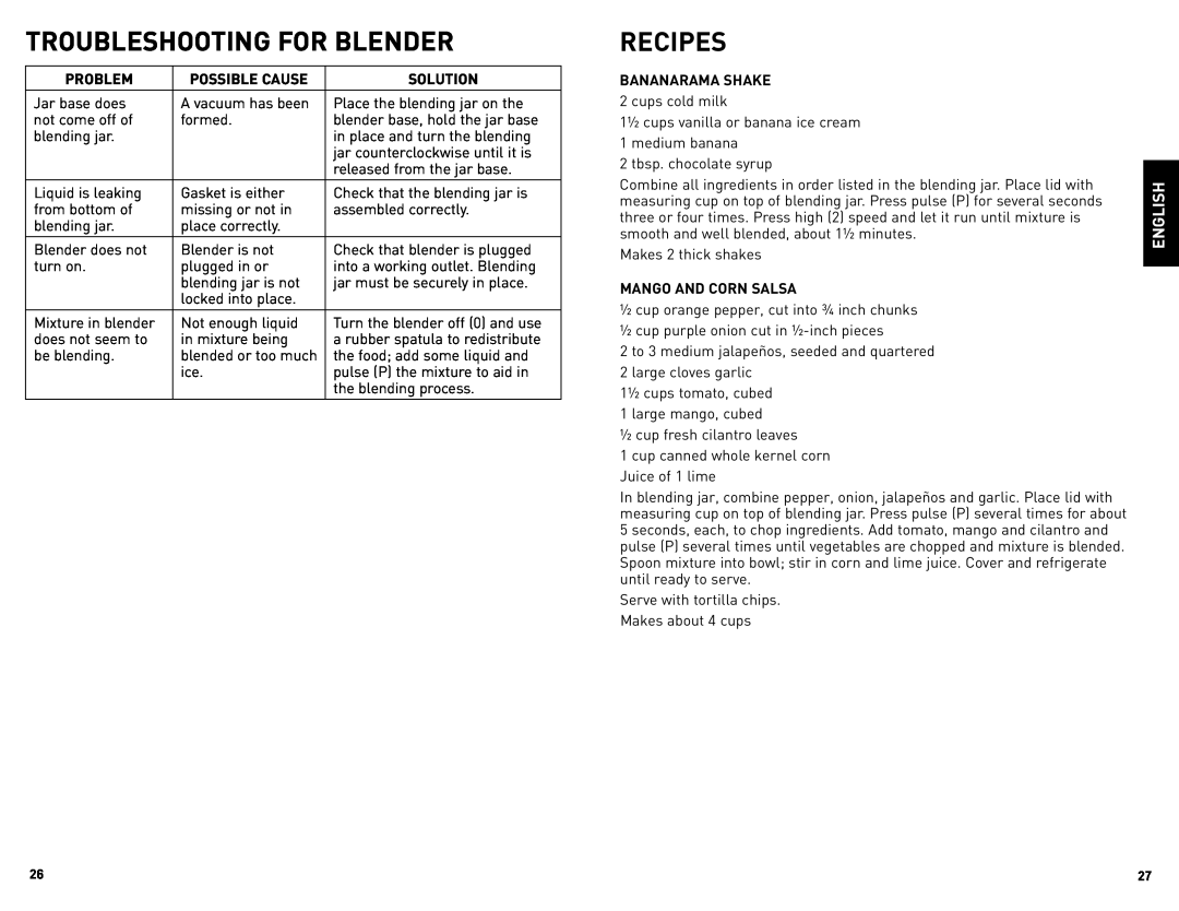 Black & Decker BLBD25LAUC manual Troubleshooting For Blender, Recipes, English 