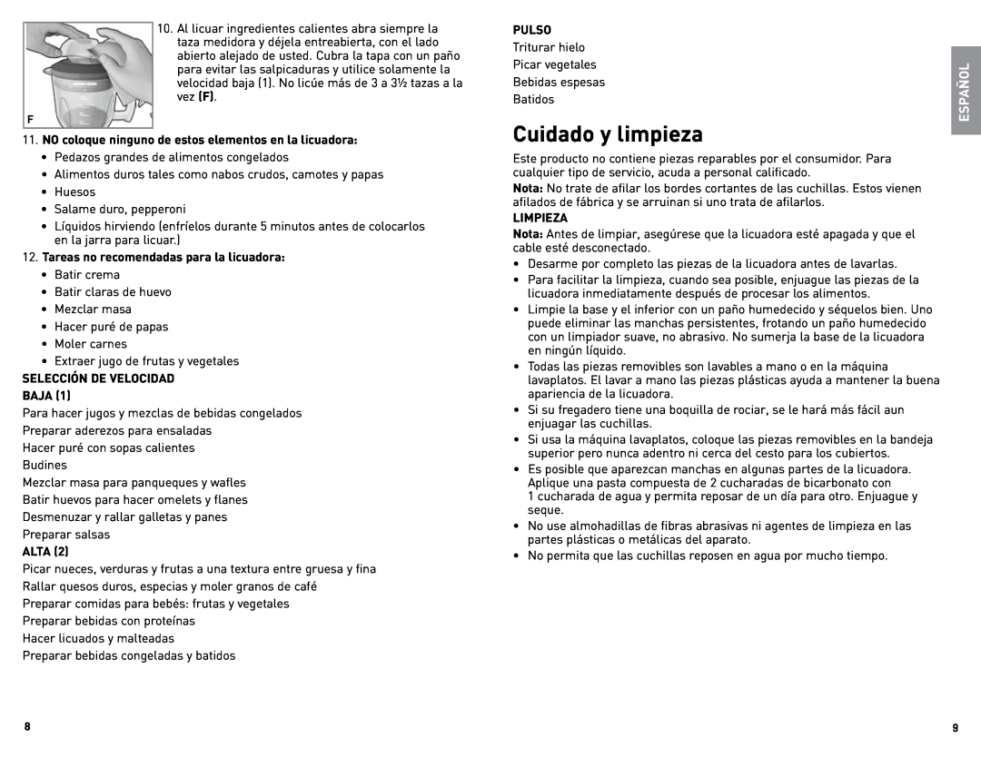 Black & Decker BLBD25LAUC manual Cuidado y limpieza, Español 