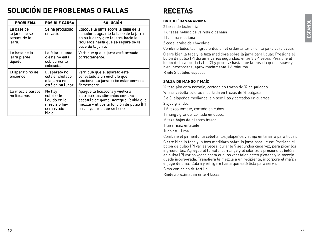 Black & Decker BLBD25LAUC manual Solución De Problemas O Fallas, Recetas, Español 