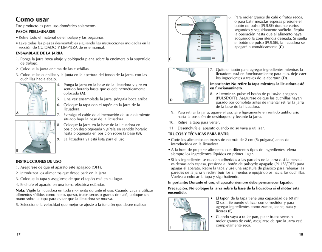 Black & Decker BLC10650MB manual Como usar, Pasos Preliminares, Ensamblaje DE LA Jarra, Instrucciones DE USO 