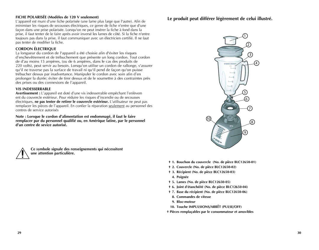 Black & Decker BLC10650MB manual Fiche polarisée Modèles de 120 V seulement, Cordon Électrique, VIS Indesserrable 