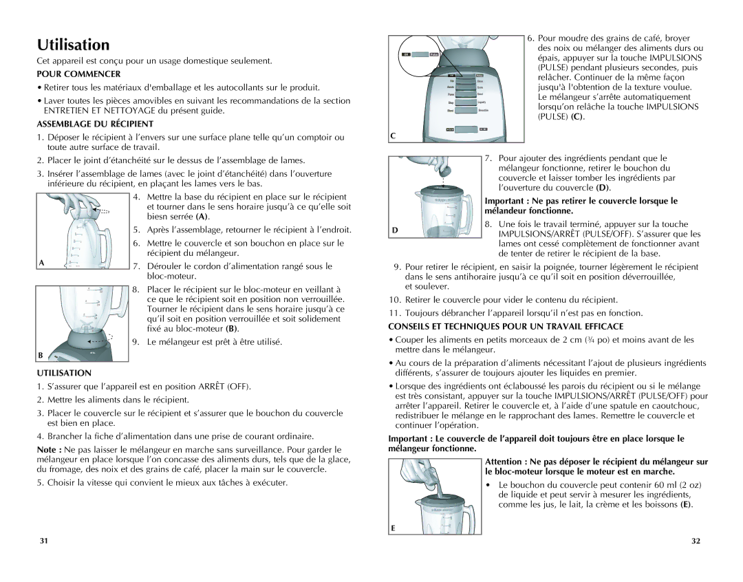 Black & Decker BLC10650MB manual Utilisation, Pour Commencer, Assemblage DU Récipient 