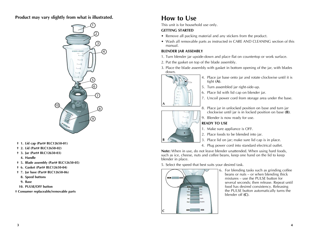 Black & Decker BLC10650MB manual How to Use, Getting Started, Blender JAR Assembly, Ready to USE 