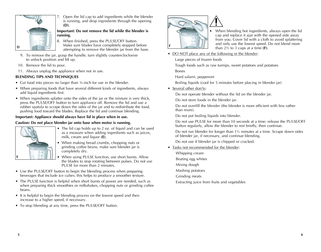 Black & Decker BLC10650MB manual Running, Blending Tips and Techniques 