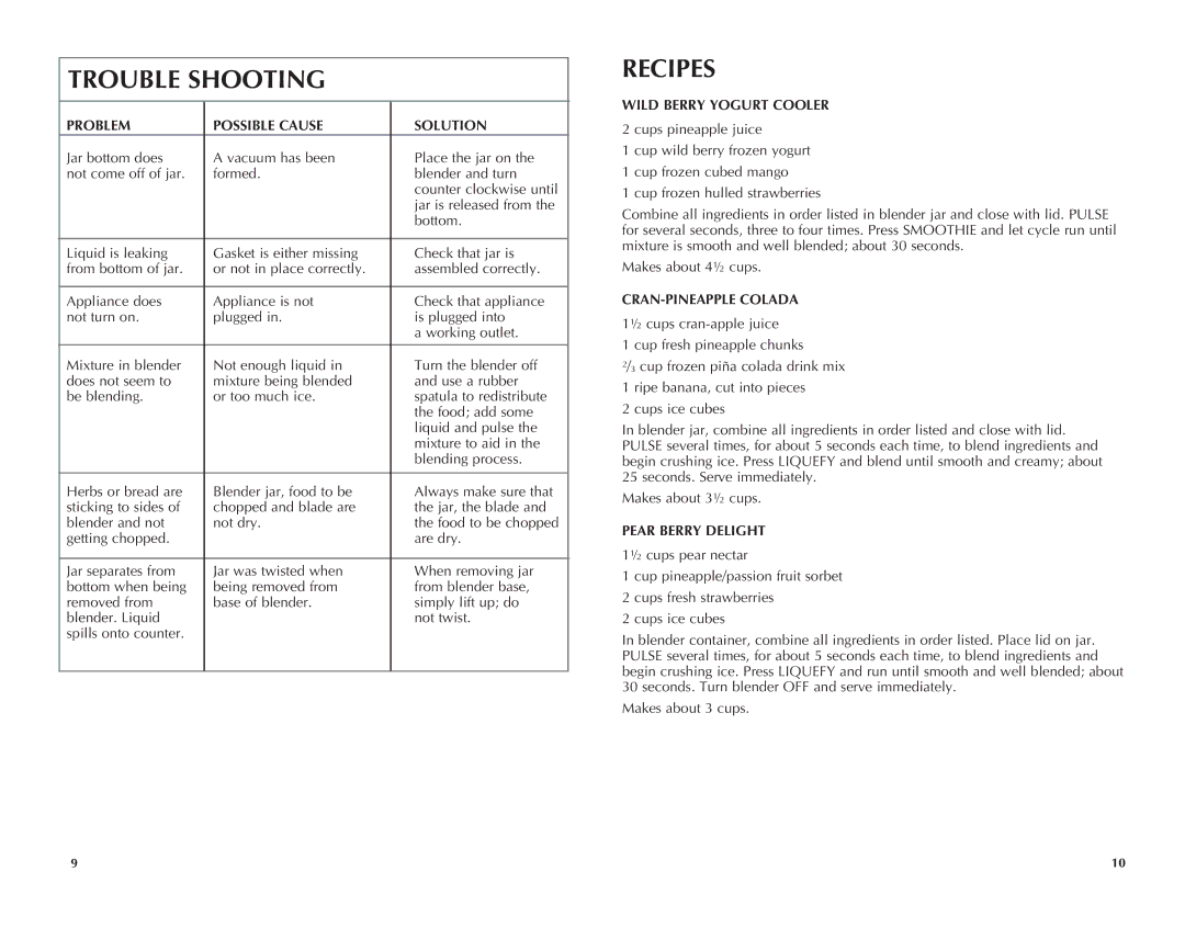 Black & Decker BLC10650MB manual Problem Possible Cause Solution, Wild Berry Yogurt Cooler, CRAN-PINEAPPLE Colada 