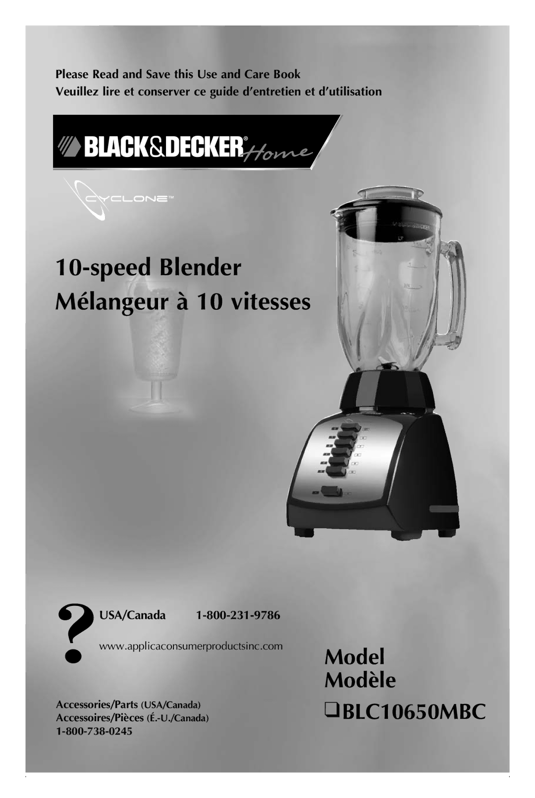 Black & Decker manual Speed Blender Mélangeur à 10 vitesses, Model Modèle BLC10650MBC, USA/Canada 