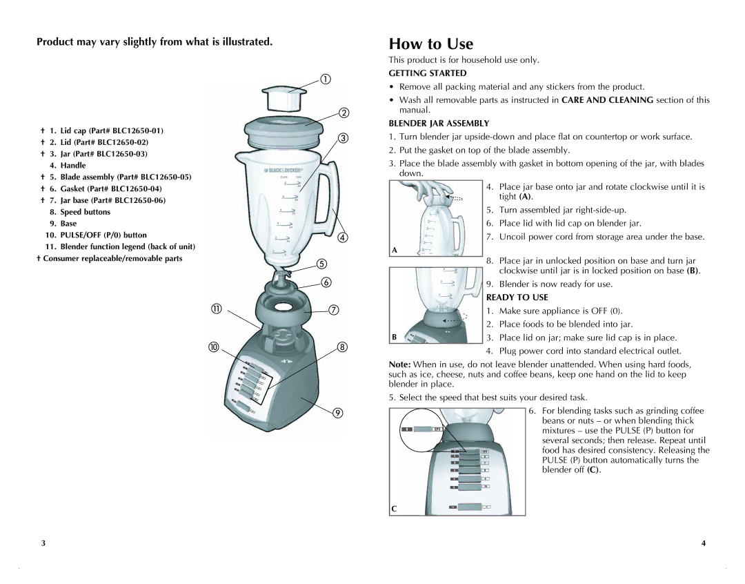 Black & Decker BLC10650MBC manual How to Use, Getting Started, Blender JAR Assembly, Ready to USE 