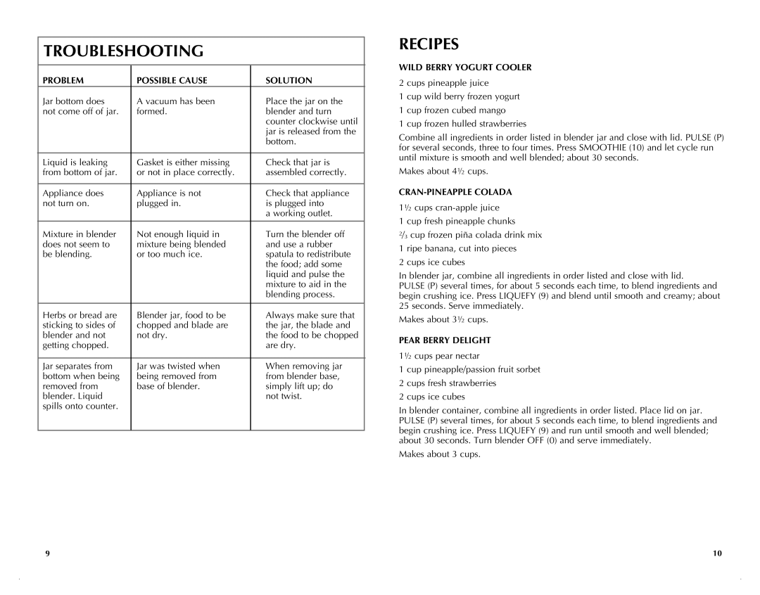 Black & Decker BLC10650MBC manual Problem Possible Cause Solution, Wild Berry Yogurt Cooler, CRAN-PINEAPPLE Colada 