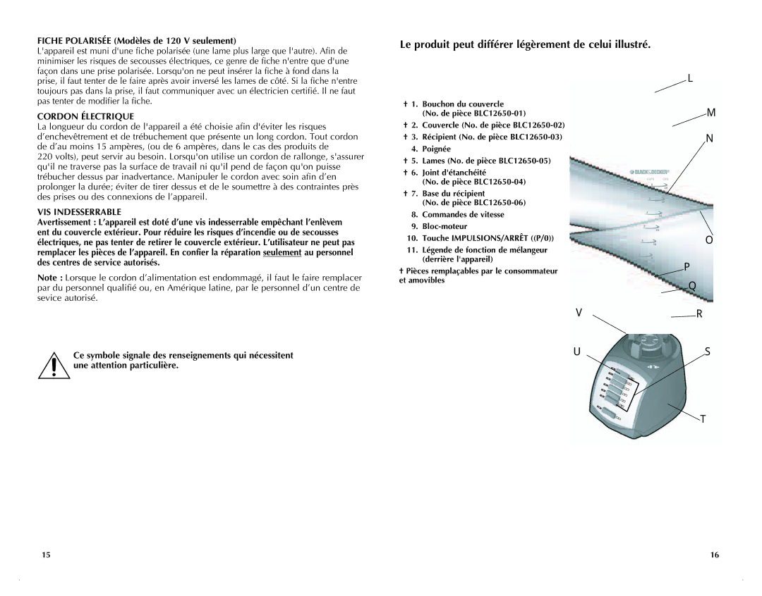 Black & Decker BLC10650MBC manual Fiche polarisée Modèles de 120 V seulement, Cordon Électrique, VIS Indesserrable 