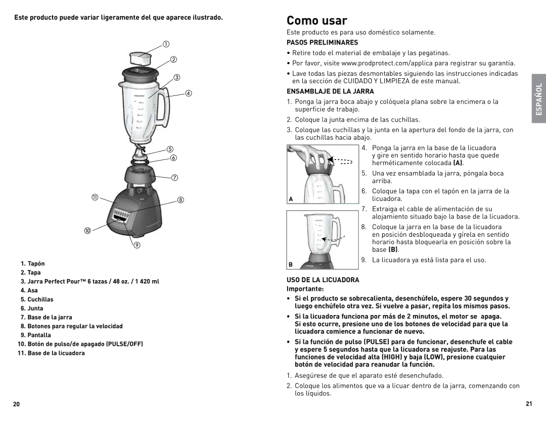 Black & Decker BLC12600BUC manual Como usar, Pasos Preliminares, Ensamblaje DE LA Jarra, USO DE LA Licuadora 