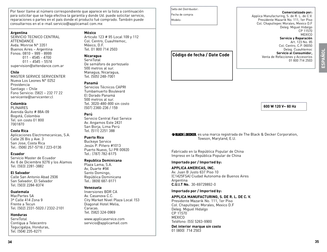 Black & Decker BLC12600BUC manual Código de fecha / Date Code 