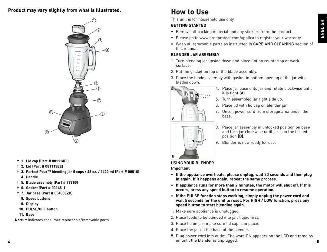 Black & Decker BLC12600B manual How to Use, This unit is for household use only, Getting Started, Blender JAR Assembly 