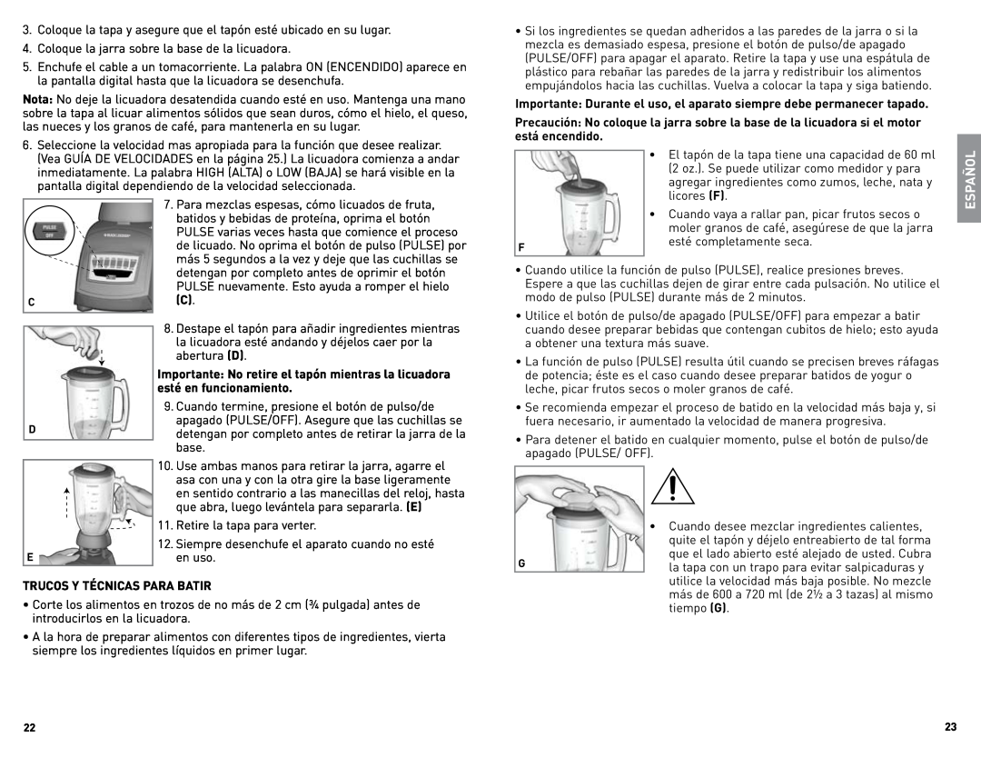 Black & Decker BLC12600BUC manual Coloque la tapa y asegure que el tapón esté ubicado en su lugar 