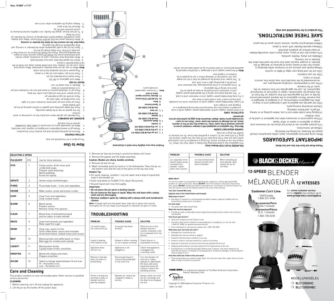 Black & Decker BLC12650HBC warranty Place in cover with blender operate Always, Carefully Handle .sharp are Blades 