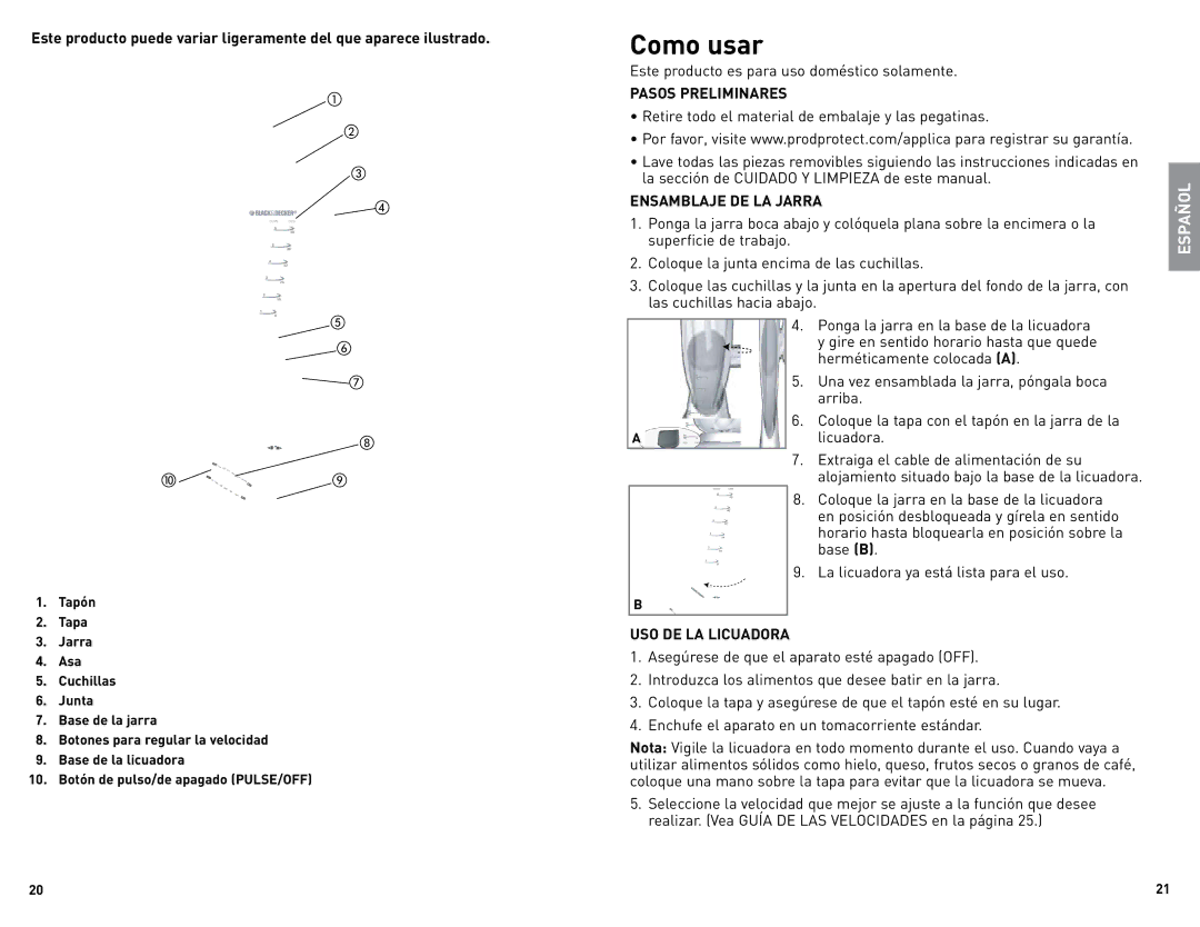 Black & Decker BLC12650HUC manual Como usar, Pasos Preliminares, Ensamblaje DE LA Jarra, USO DE LA Licuadora 