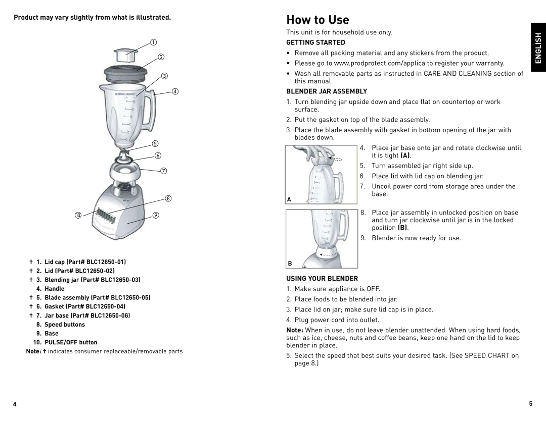 Black & Decker BLC12650HUC manual How to Use, Getting Started, Blender JAR Assembly, Using Your Blender 