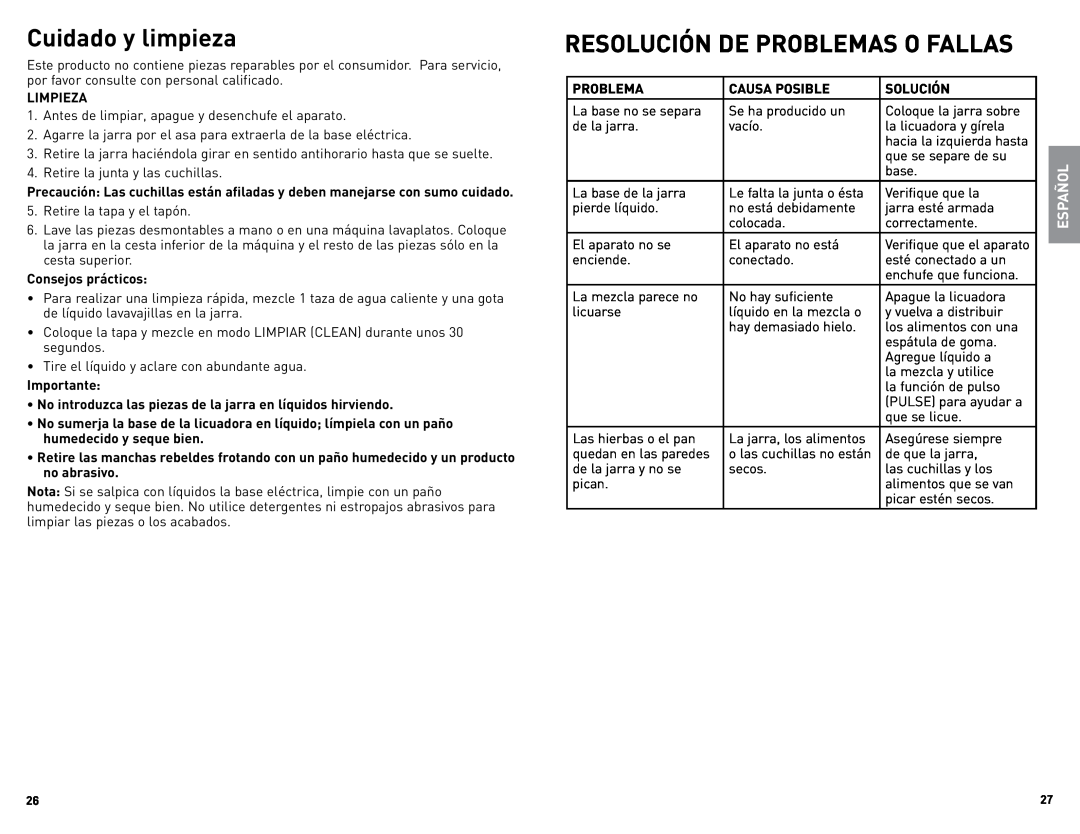 Black & Decker BLC12650HUC manual Cuidado y limpieza, Resolución De Problemas O Fallas, Español 