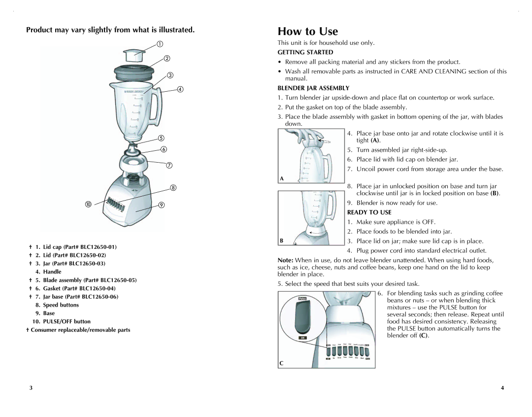 Black & Decker BLC12750HMS, BLC12650HB manual How to Use, Getting Started, Blender JAR Assembly, Ready to USE 