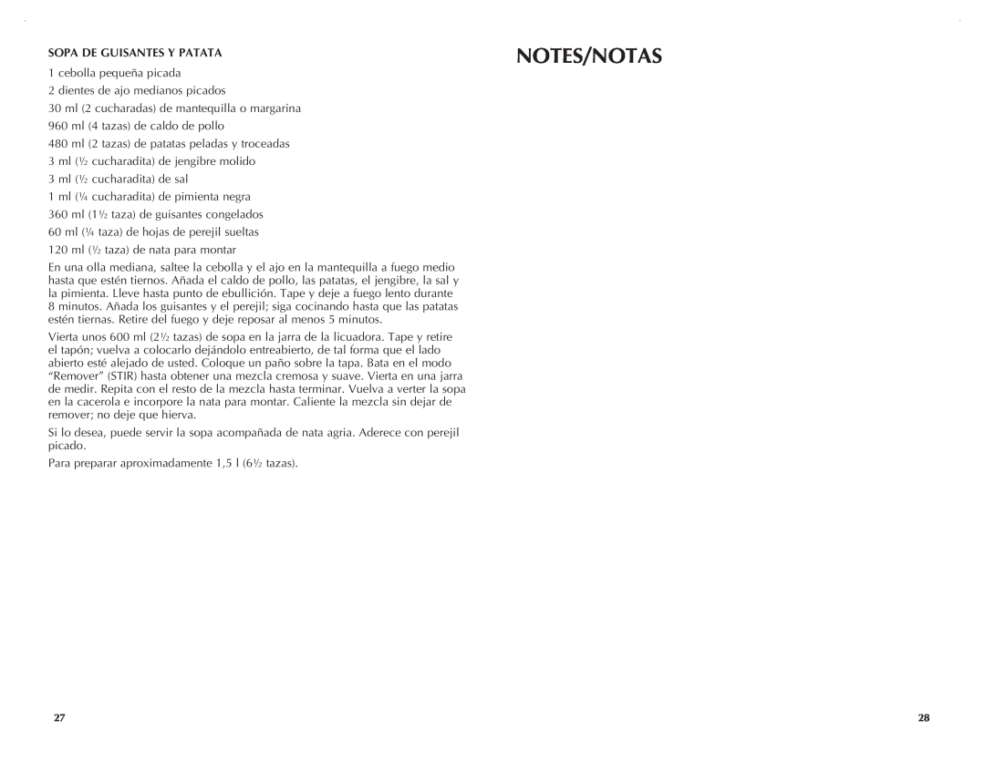 Black & Decker BLC12750HMS, BLC12650HB manual Notes/Notas, Sopa De Guisantes Y Patata 
