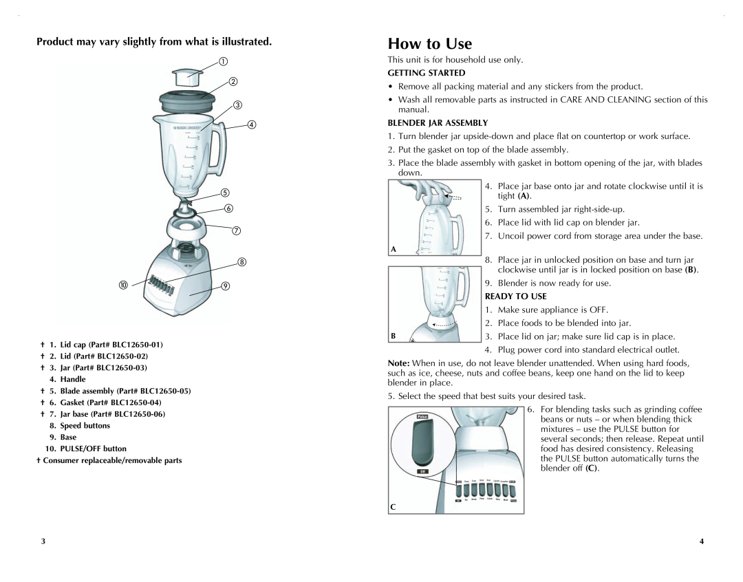 Black & Decker BLC12750HMS, BLC12650HB manual How to Use, Getting Started, Blender Jar Assembly, Ready To Use 
