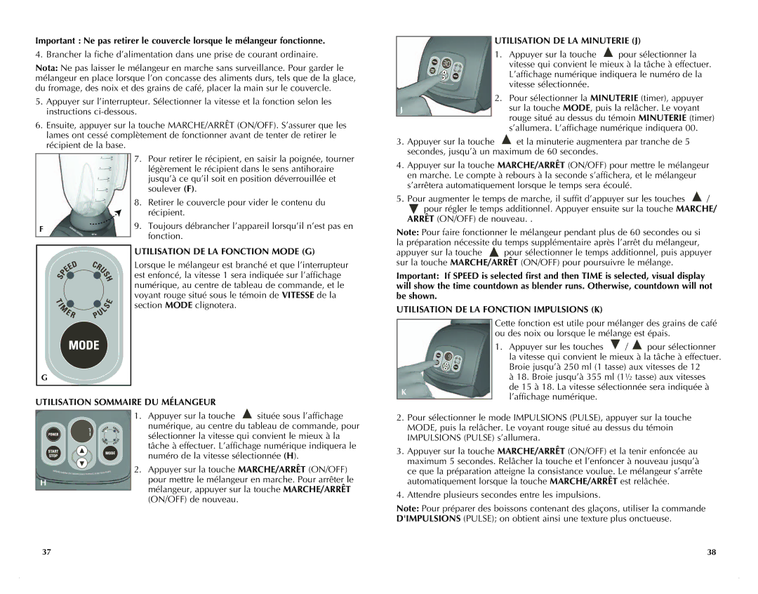 Black & Decker BLC18750DB, BLC18750DMS, BLC18750DMB manual Utilisation DE LA Minuterie J, Utilisation DE LA Fonction Mode G 