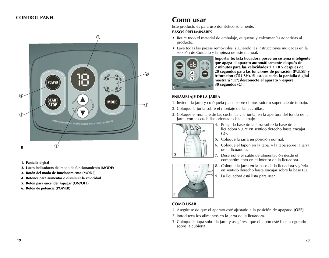 Black & Decker BLC18750DB manual Como usar, 18 , Control Panel, Pasos Preliminares, segundos C, Ensamblaje De La Jarra 