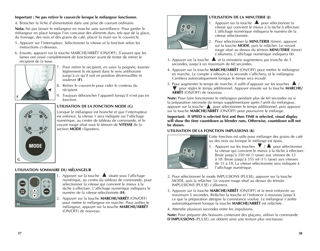 Black & Decker BLC18750DB manual instructions ci-dessous, Utilisation De La Minuterie J, Utilisation De La Fonction Mode G 