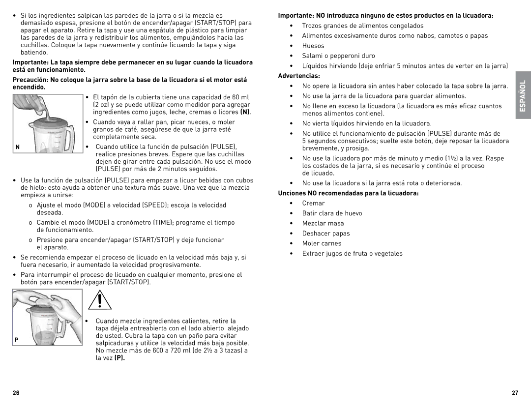 Black & Decker BLC18750DMSUC Advertencias, No use la jarra de la licuadora para guardar alimentos, Brevemente, y prosiga 