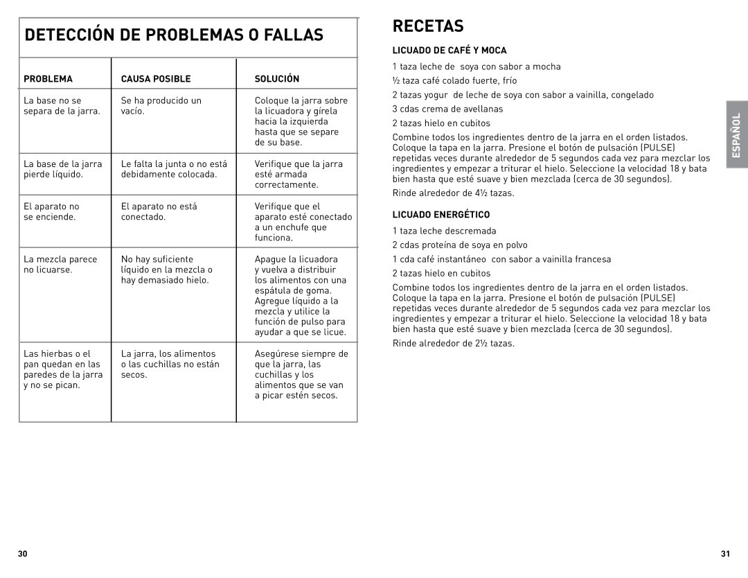 Black & Decker BLC18750DMSUC manual Detección DE Problemas O Fallas, Recetas, Problema Causa Posible Solución 