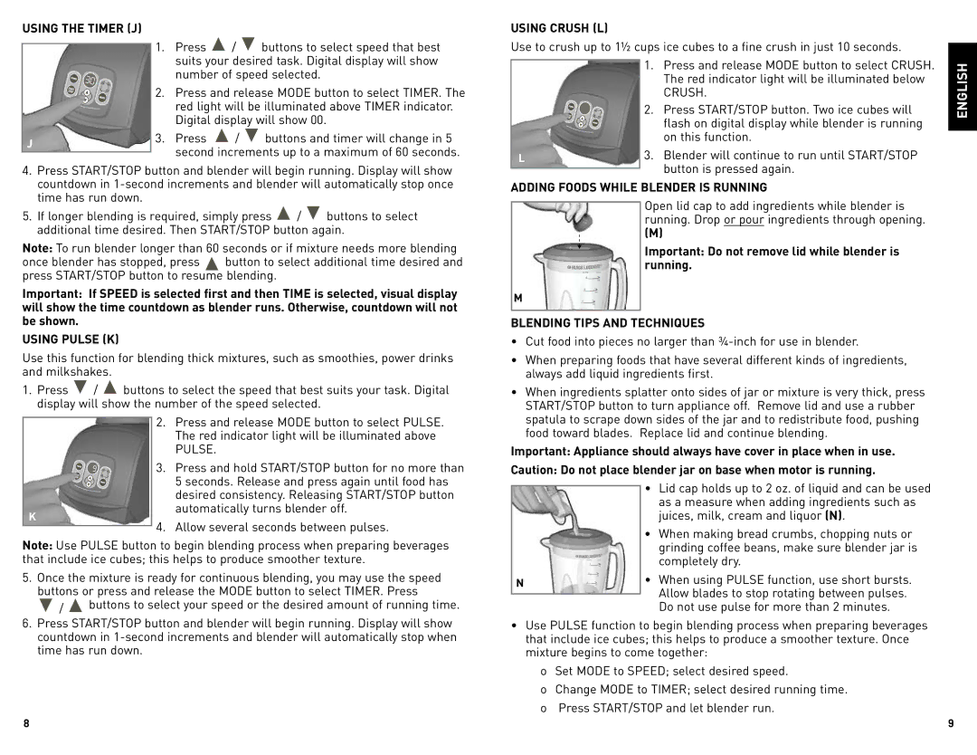 Black & Decker BLC18750DMSUC manual Using the Timer J, Using Crush L, Adding Foods While Blender is Running, Using Pulse K 