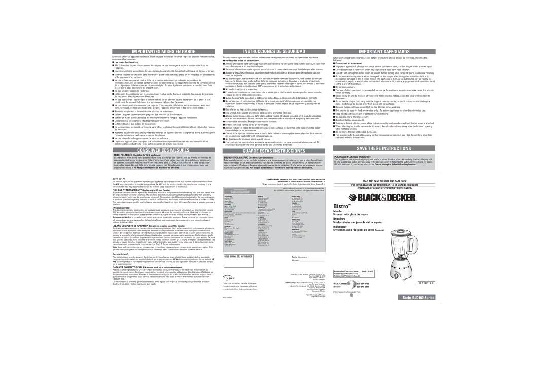 Black & Decker BLD100 warranty Lire toutes les directives, Fiche Polarisée Modèles de 120 V seulement, A./Canada 