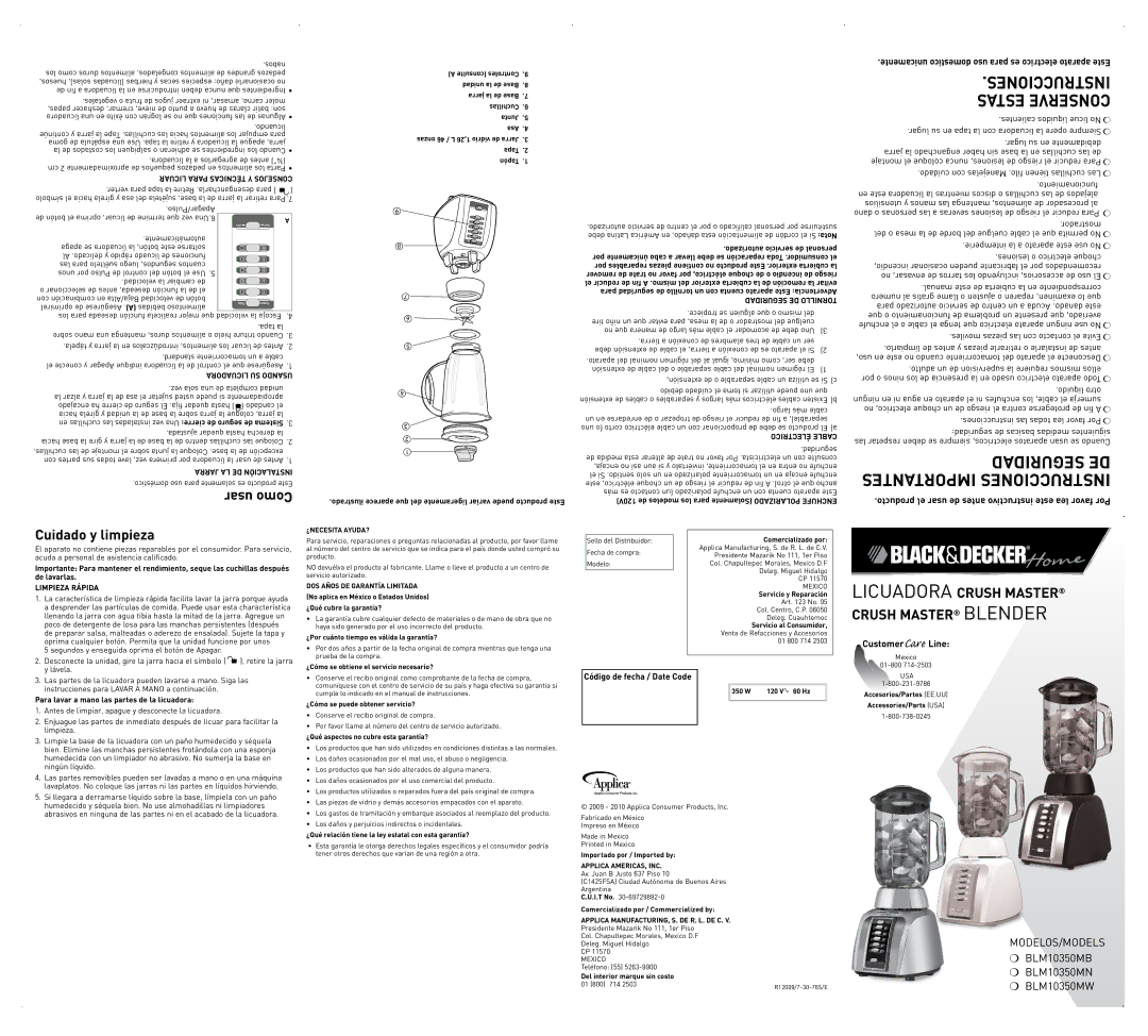 Black & Decker BLM10350MBUC, BLM10350MW manual Usar Como, Cuidado y limpieza, Licuadora Crush Master Crush Master Blender 