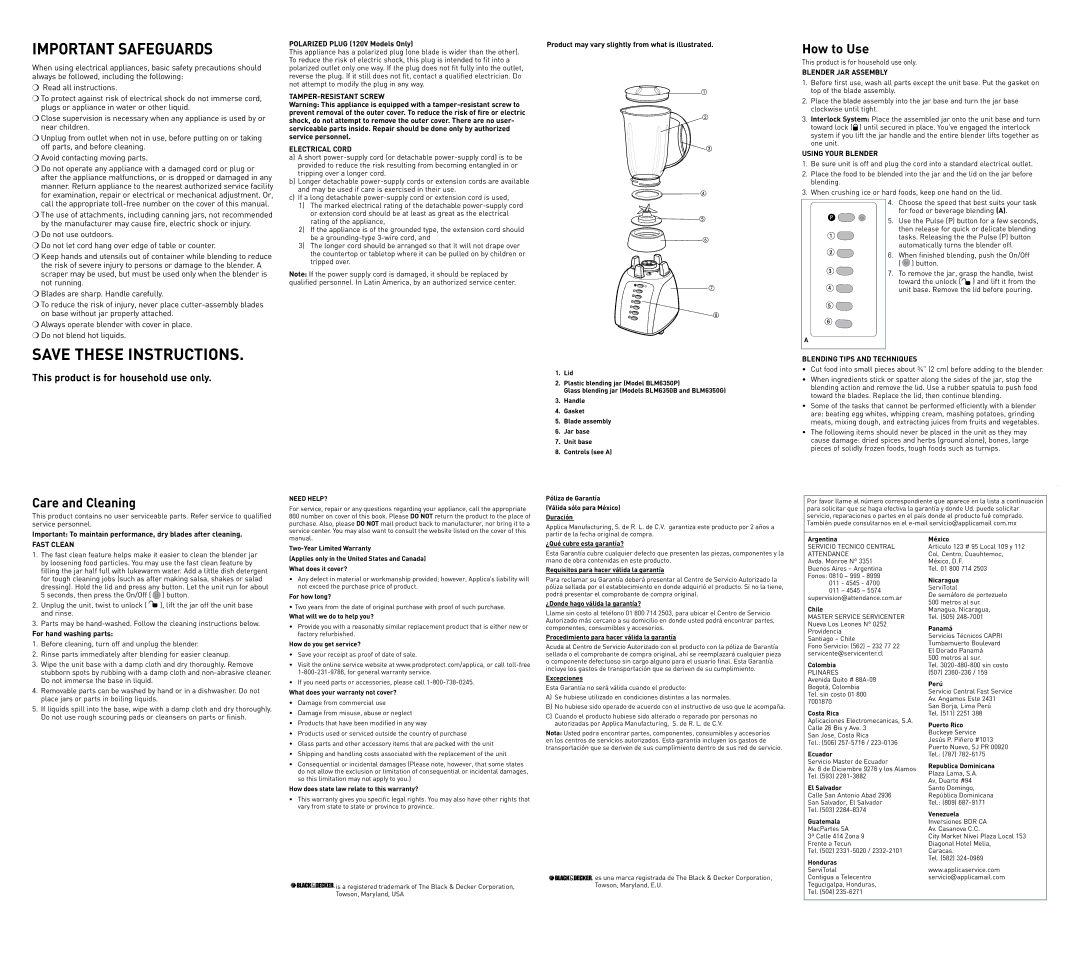 Black & Decker BLM6350P manual TAMPER-RESISTANT Screw Electrical Cord, Blender JAR Assembly, Using Your Blender, Fast Clean 