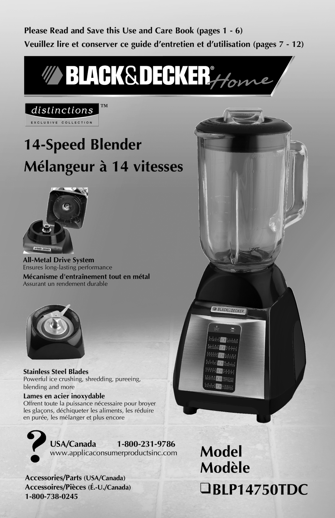 Black & Decker BLP14750TDC manual Speed Blender Mélangeur à 14 vitesses, USA/Canada 