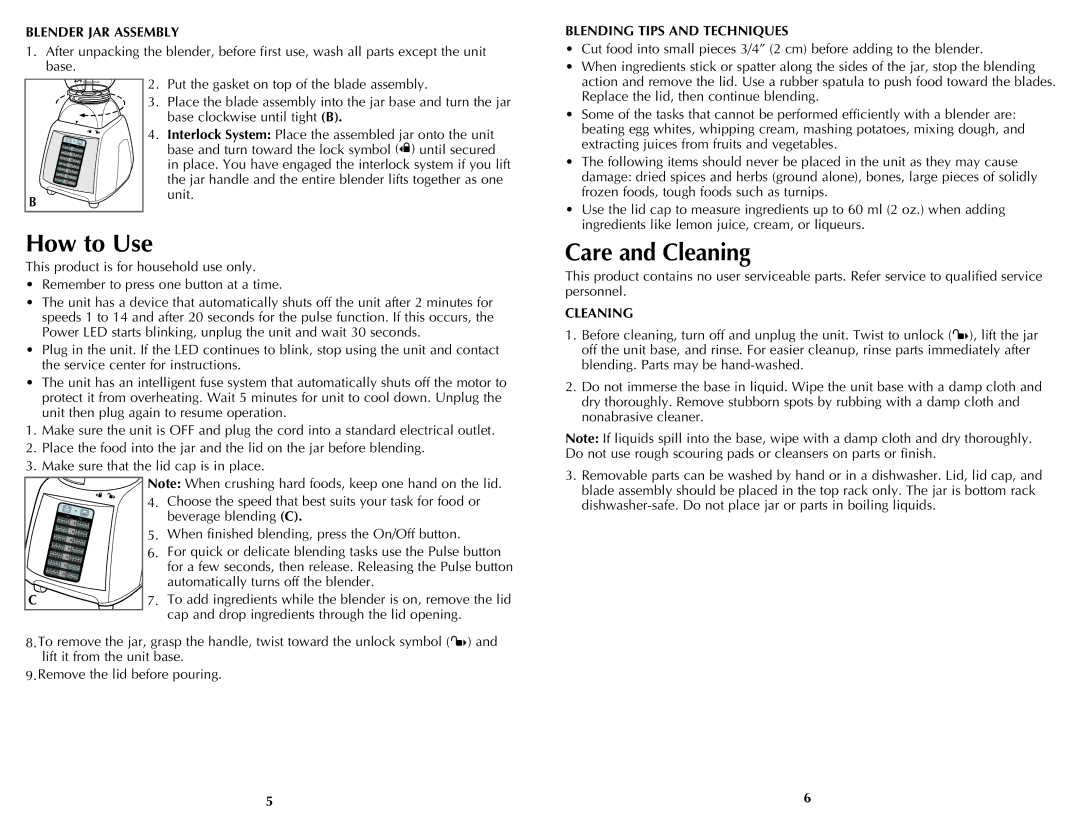 Black & Decker BLP14750TDC manual Blender JAR Assembly, Blending Tips and Techniques, Cleaning 