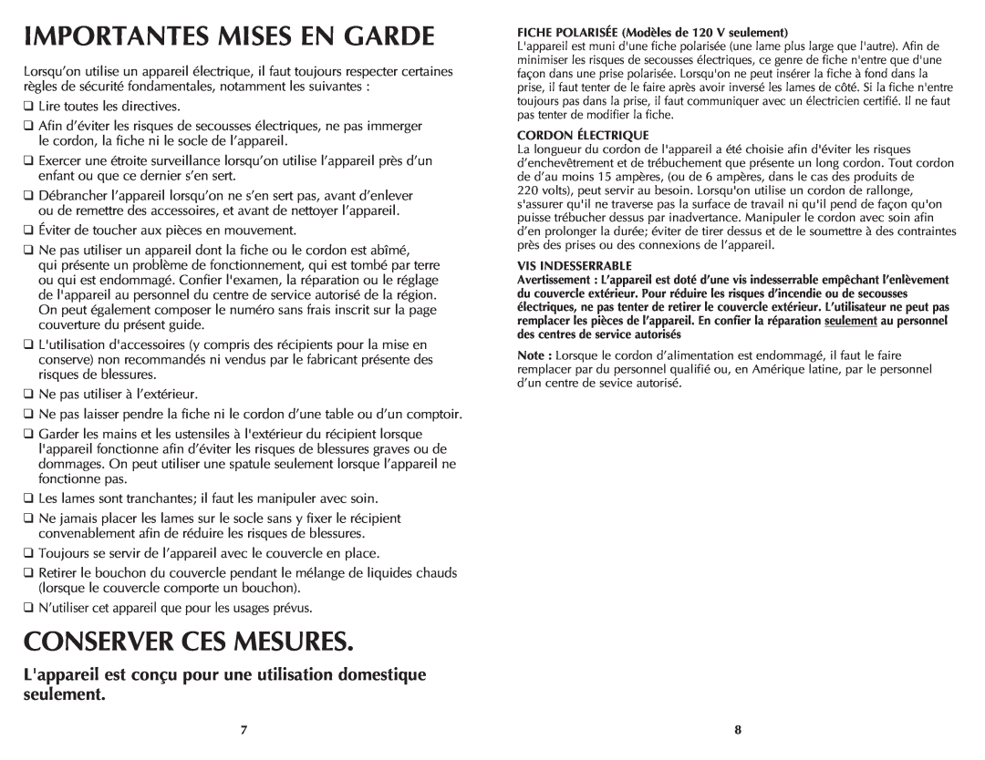 Black & Decker BLP14750TDC manual Importantes Mises En Garde, Conserver Ces Mesures 