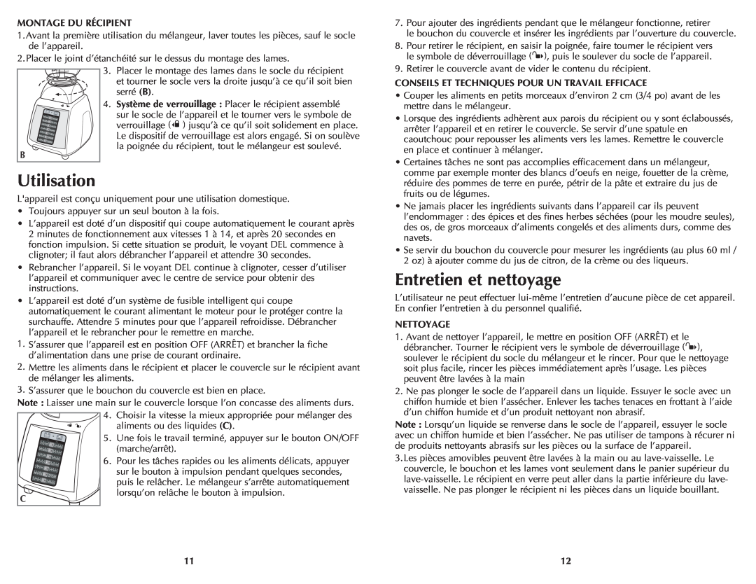 Black & Decker BLP14750TDC manual Utilisation, Entretien et nettoyage, Montage Du Récipient, Nettoyage 