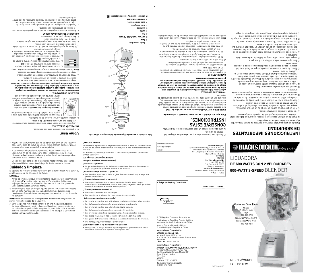 Black & Decker BLP2600WUC manual Usar Como, Cuidado y limpieza, Tapa la de centro, Código de fecha / Date Code 