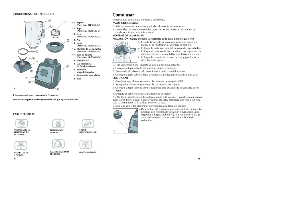 Black & Decker BLP5600GM manual Como usar, Conocimiento Del Producto, Pasos Preliminares, Montaje De La Jarra B, Como Usar 